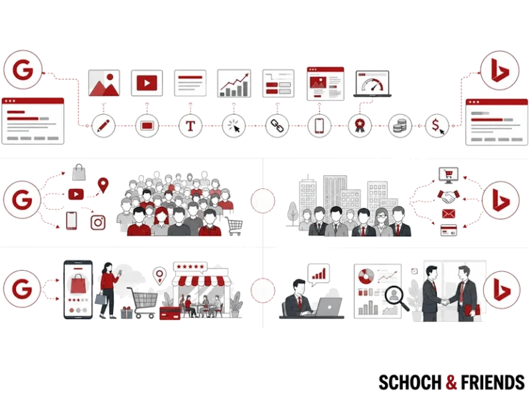 Diagramm zur SEO-Strategie: Verbindung von Content, Analyse, und Zielgruppen für bessere Sichtbarkeit in Suchmaschinen.
