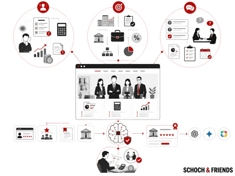 Geschäftsteamarbeit und Prozessdiagramm mit Fokus auf Marketing, Zielsetzung und Kundeninteraktion, illustriert durch Grafiken und Symbole.