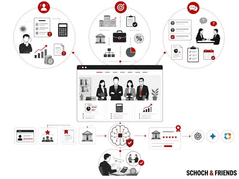 Geschäftsteamarbeit und Prozessdiagramm mit Fokus auf Marketing, Zielsetzung und Kundeninteraktion, illustriert durch Grafiken und Symbole.