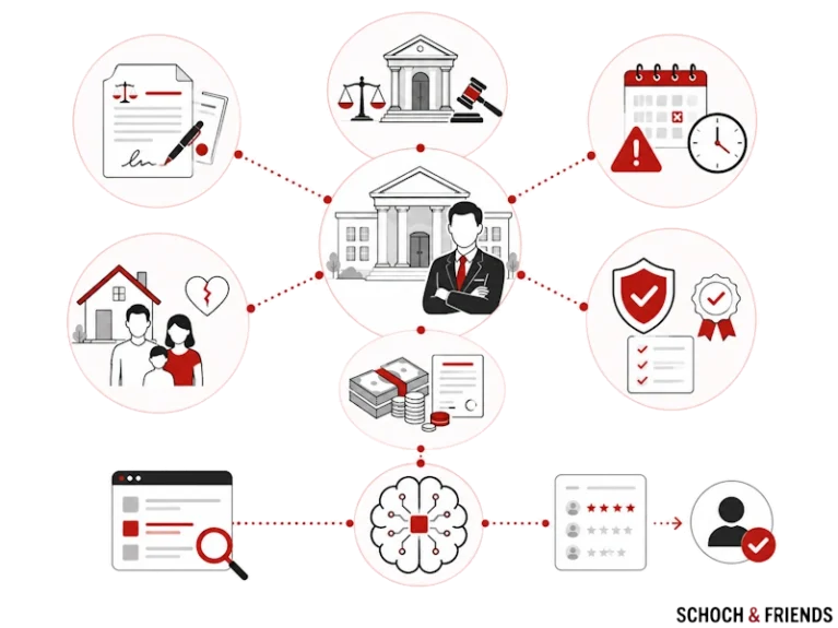 Juristische Dienstleistungen Infografik: Anwalt, Gericht, Verträge, Schutz, Bewertungen und Familienrecht in vernetzter Darstellung.
