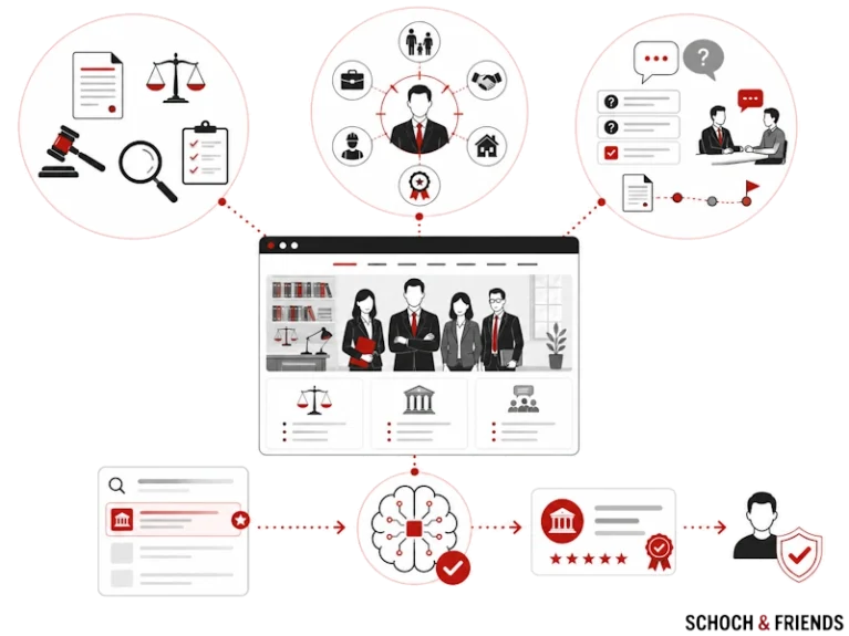 Diagramm zur digitalen Transformation von Anwaltsdiensten mit Online-Profil, Beratung und Bewertungssystemen.