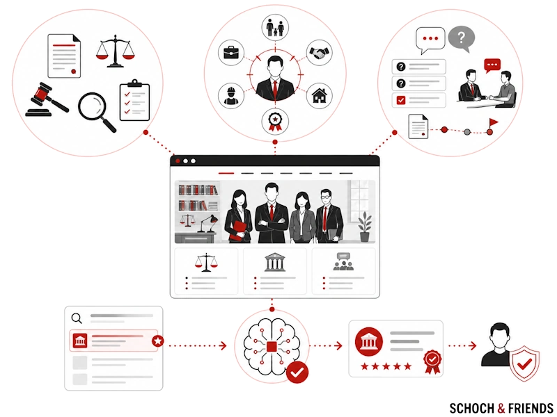 Diagramm zur digitalen Transformation von Anwaltsdiensten mit Online-Profil, Beratung und Bewertungssystemen.
