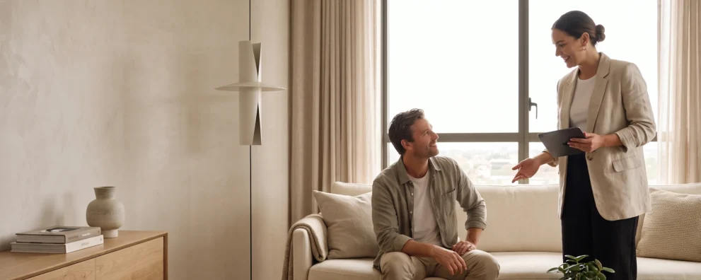 Mann sitzt auf Sofa, Frau spricht mit ihm; moderne, helle Einrichtung; harmonische Atmosphäre im Wohnzimmer bei Tageslicht.