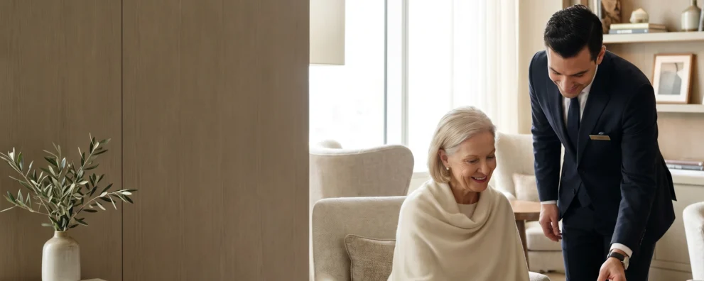Seniorin in gemütlichem Wohnzimmer, assistiert von einem eleganten Mann in Anzug beim Betrachten eines Dokuments.
